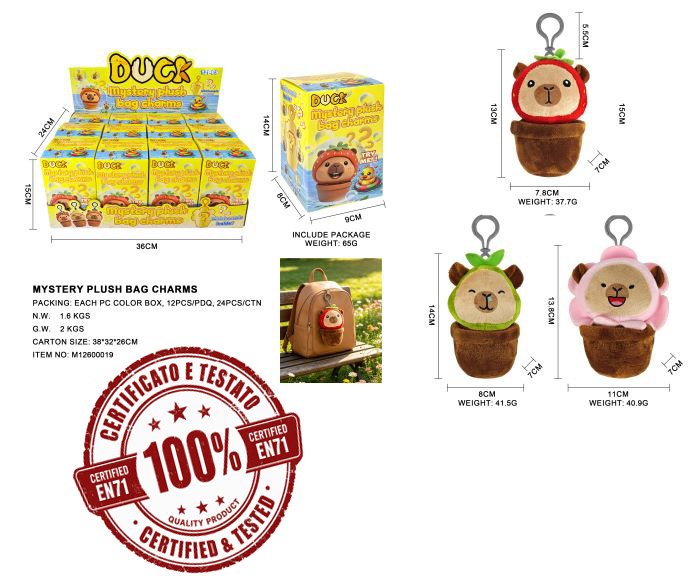 (Mis 0) CAPIBARA MISTERY PLUSH BAG CHARMS Portachiavi Peluche 14cm (In Blind Box 14x8x9cm) c/bagclip In espo da 12pz 3ass…x12…x24